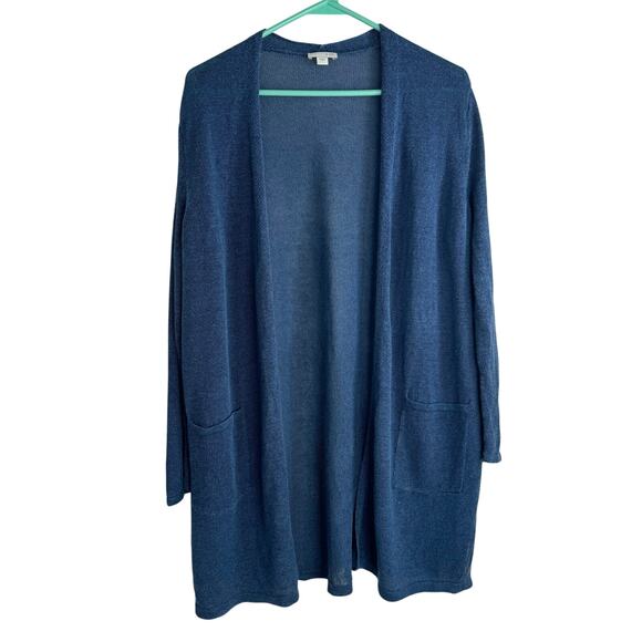 J. Jill Blue Cardigan Sweater Open Front Knit Linen Blend Long Sleeve Size Large - Picture 2 of 7